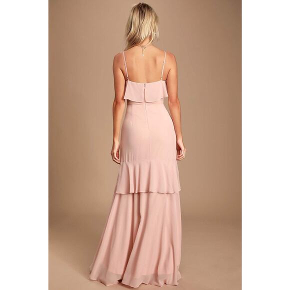 Lulus Blush Pink Maxi Dress Women’s Medium Ruffle V-Neck High Low Chiffon - Picture 3 of 11